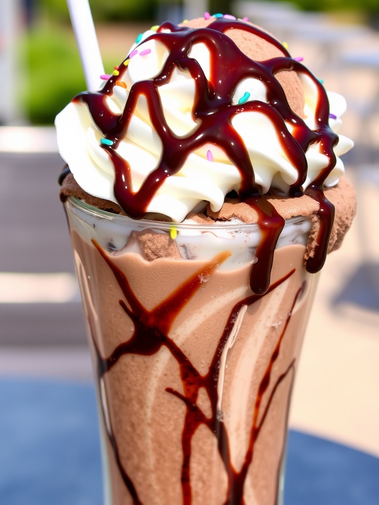 Decadent Chocolate Ice Cream Float A chocolate ice cream float in a glass topped with whipped cream and chocolate syrup, set against a sunny outdoor backdrop.